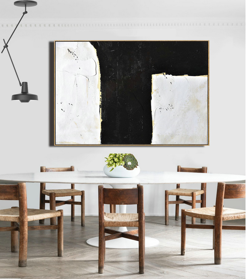 Big Art Canvas,Horizontal Palette Knife Minimal Canvas Art Painting Black White Beige - Hand Painted Aclylic Painting On Canvas
